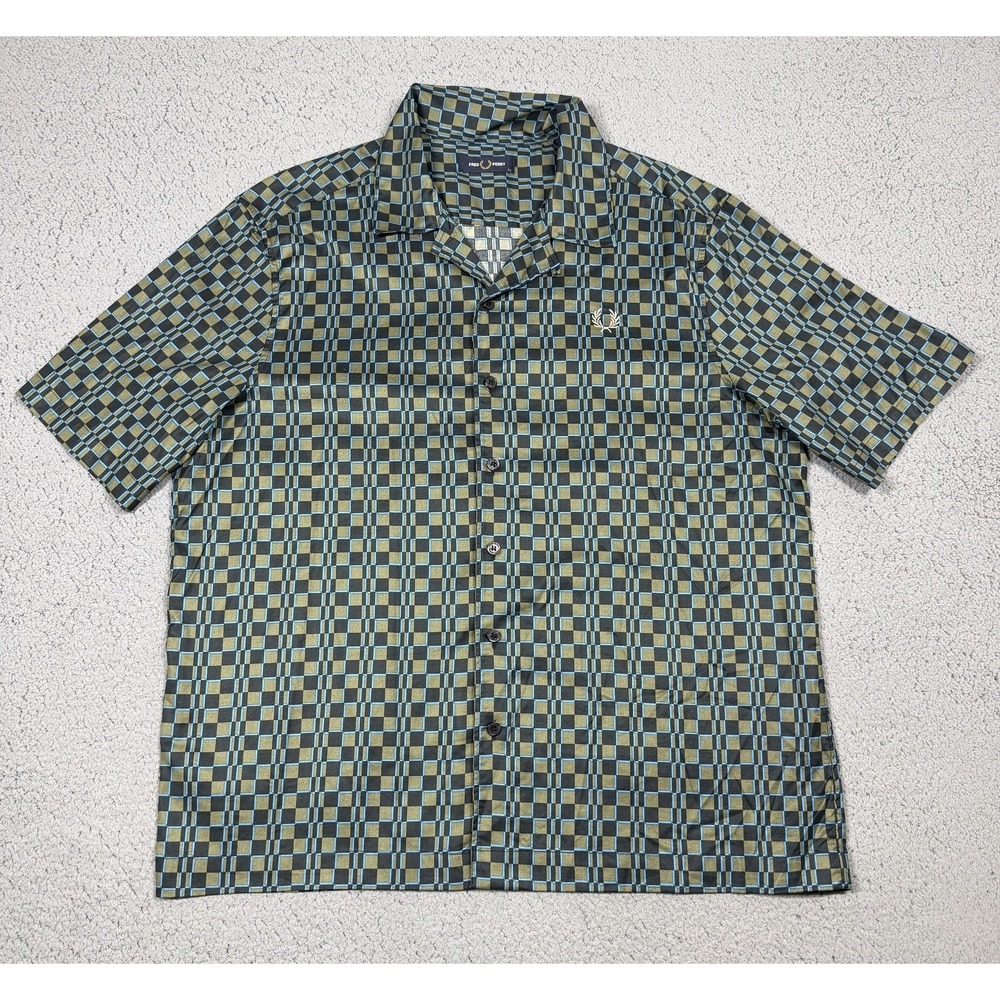 Fred Perry Shirt Mens XL Green Check Camp Collar Button Up Cotton Lyocell